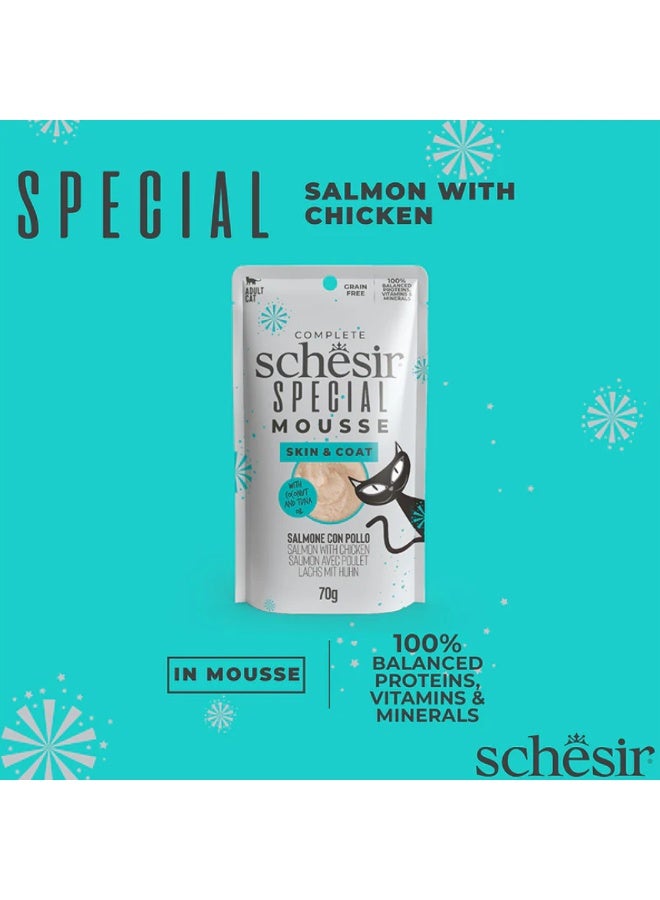Schesir Special Mousse Complete Adult Cat Food – Skin & Coat – Salmon with Chicken – Grain Free Wet Food – With Coconut Oil – 3 × 70 g - Image 2
